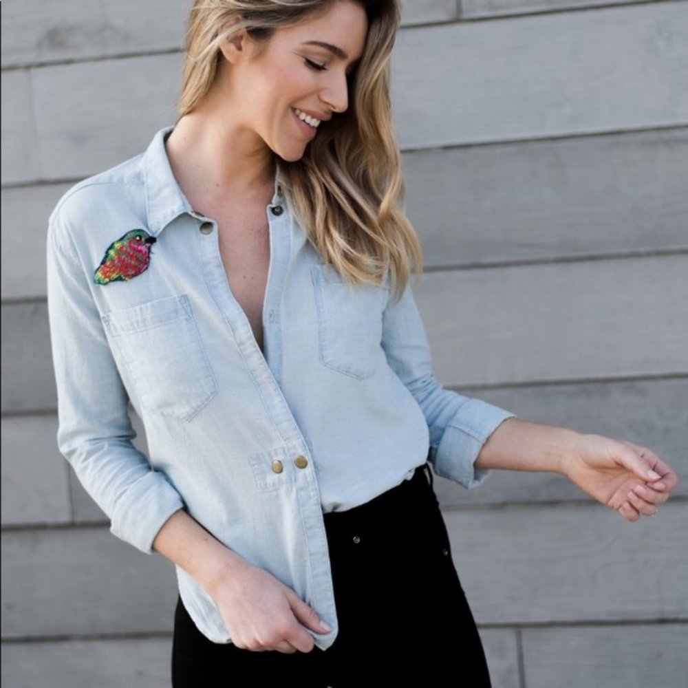 McGuire Denim Embroidered Bird Long Sleeve Chambray Button-Front Top XS - Picture 2 of 9
